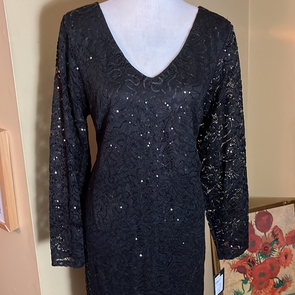 MARINA Size 20W Black Sequin Stretch Dual Layer VNeck Evening Party BlackTie NEW - Picture 3 of 16